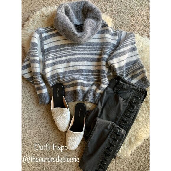 I.B. Diffusion Vintage Angora Blend Striped Cowl Neck Sweater Gray, White Size - Picture 12 of 12